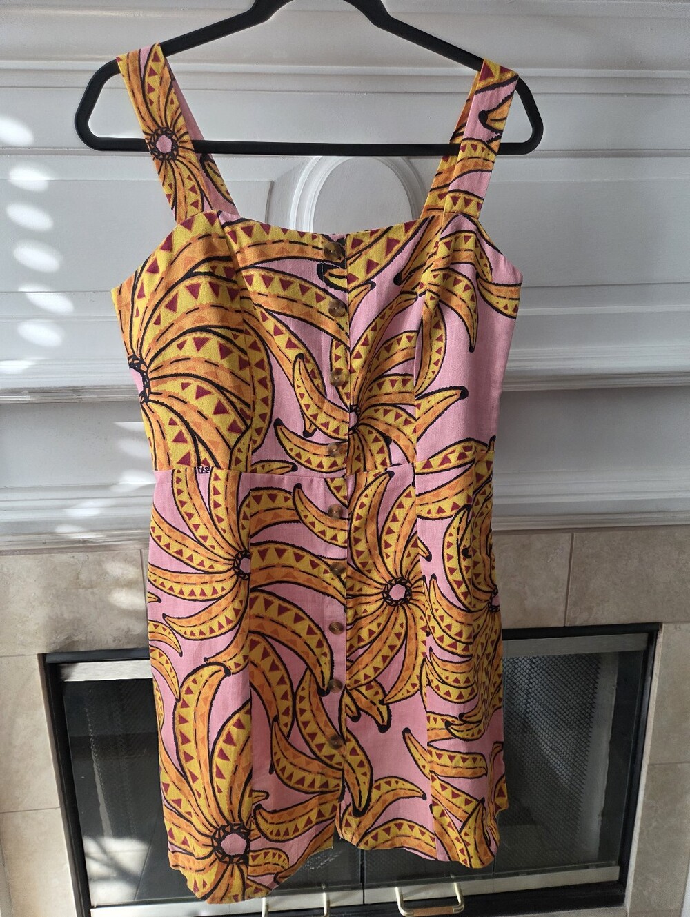 FARM Rio Pink Yellow Banana Print Button Front Sleeveless Mini Dress Size L